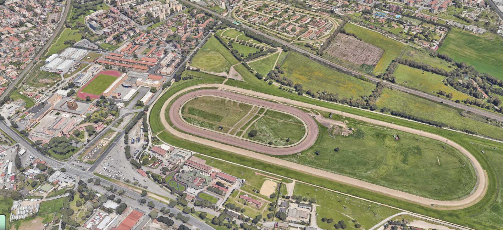 Ippodromo di Capannelle, Roma sud, vista dall'alto, foto Google Maps in 3d elaborata con intelligenza artificiale