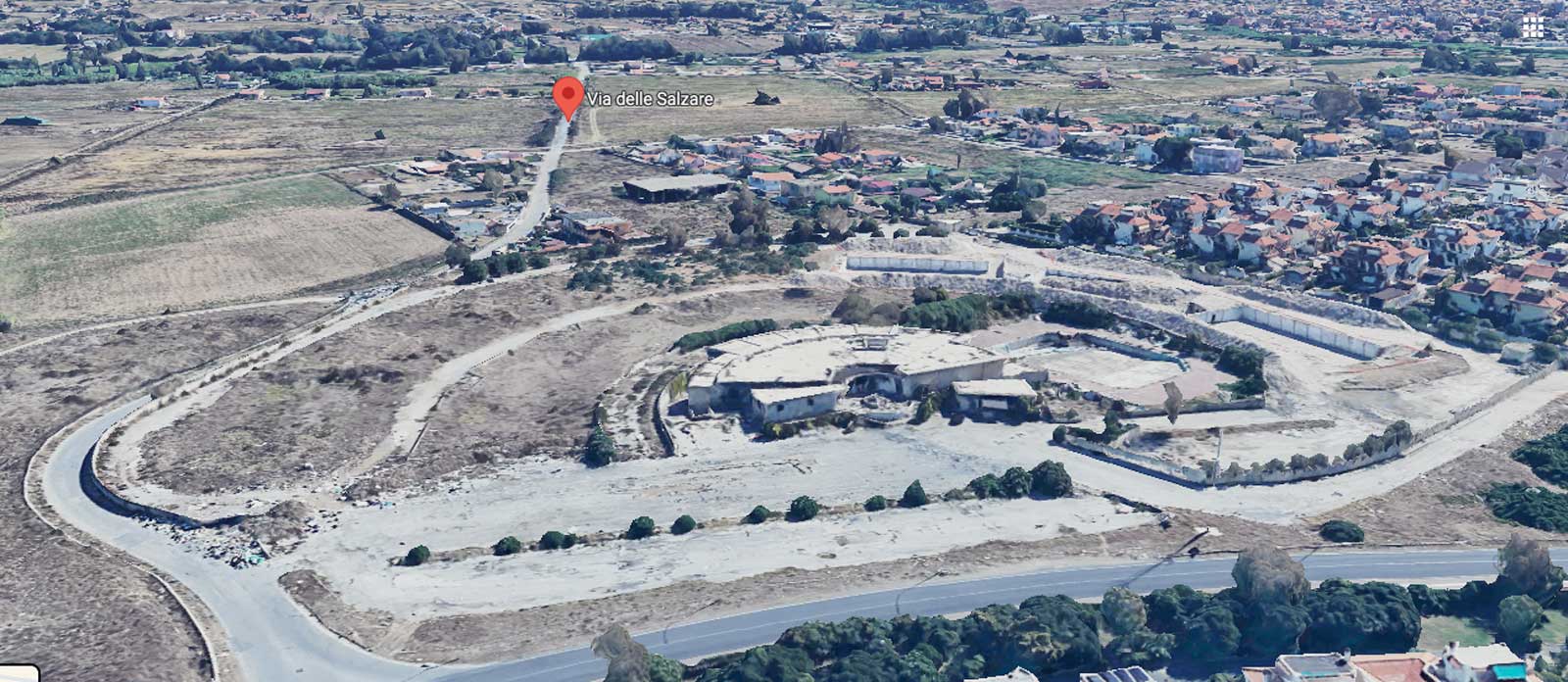L'area di Ardea detta delle Salkzare, vista dall'alto. Foto Google Maps elaborata con Intelligenza Artificiale