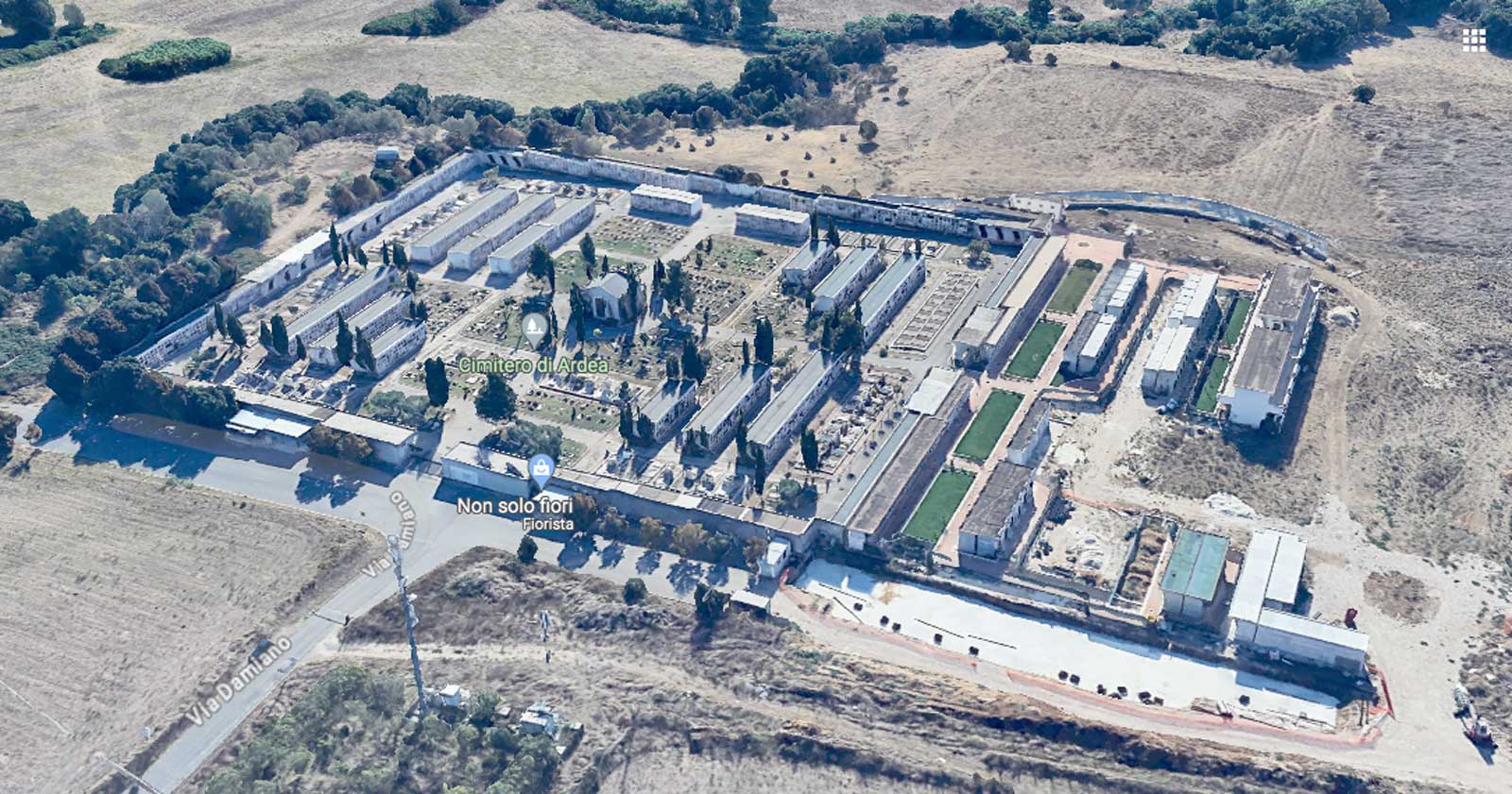 Ardea, il cimitero di via Nazareno Strampelli, foto Google Heart dall'alto in 3 D