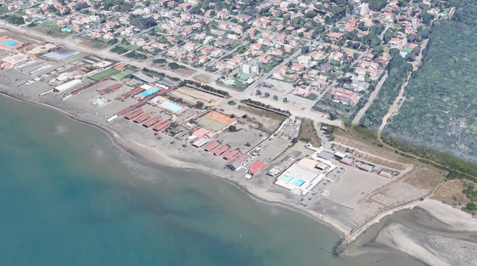 Fiumicino, l'area di Maccarese dove si trova lo stabilimento balneare, foto Google Heart in 3D elaborata con I.A.