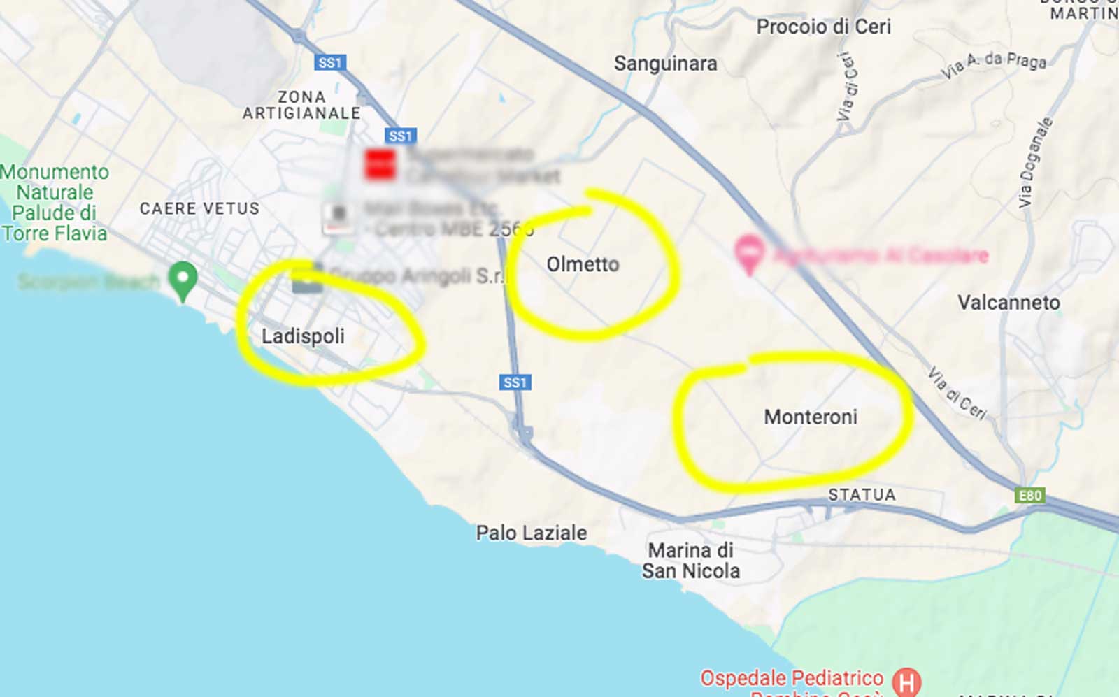 Mappa dell'area interessata dalla nuova lottizzazione del comune di Ladispoli, in località Olmetto-Monteroni, foto Google Maps