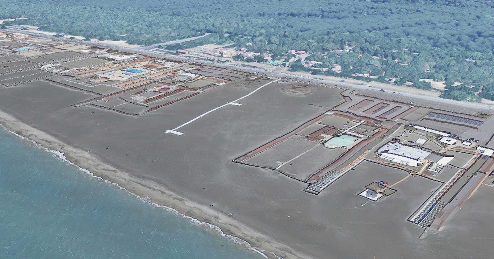 Lo stabilimento balneare Bonaccia di Ostia visto dall'alto, foto Google Heart elaborata in 3 D