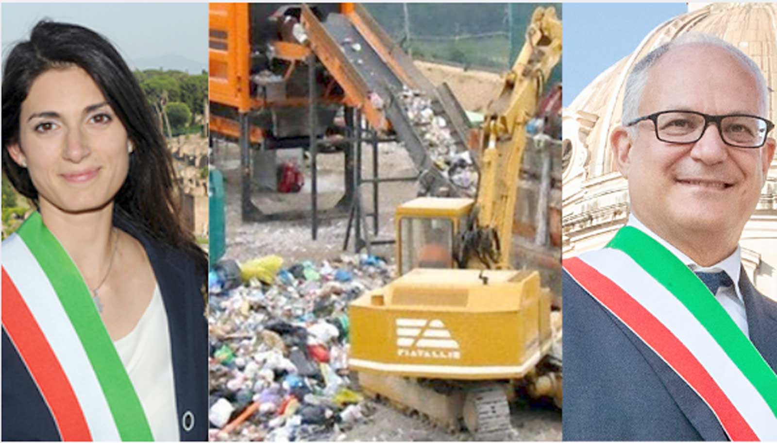 Da sinistra, l'ex sindaco Virginia Raggi, il tritovagliatore mobile di Ama attivo ad Ostia dal 2018, e l'attuale sindaco di Roma, Roberto Gualtieri
