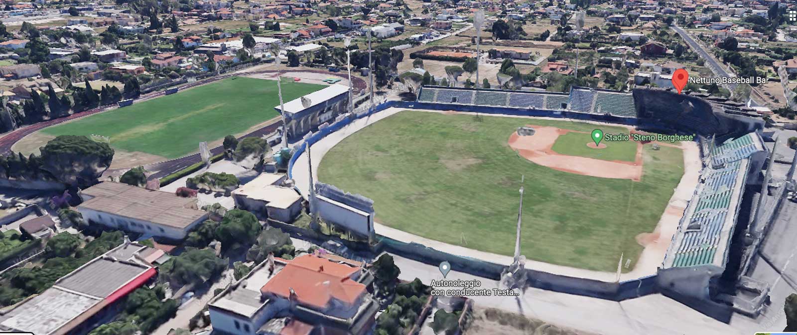 Nettuno, lo stadio di baseball a due passi dalla via Nettunense, foto Google Heart elaborata con 3D