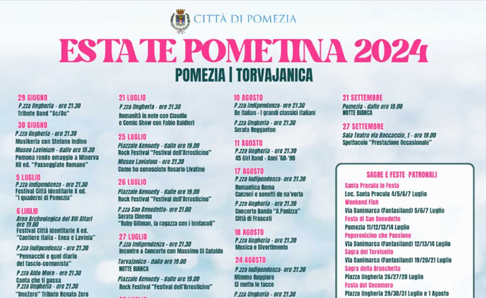 Il programma dell'Estate Pometina 2024, locandina del comune di Pomezia