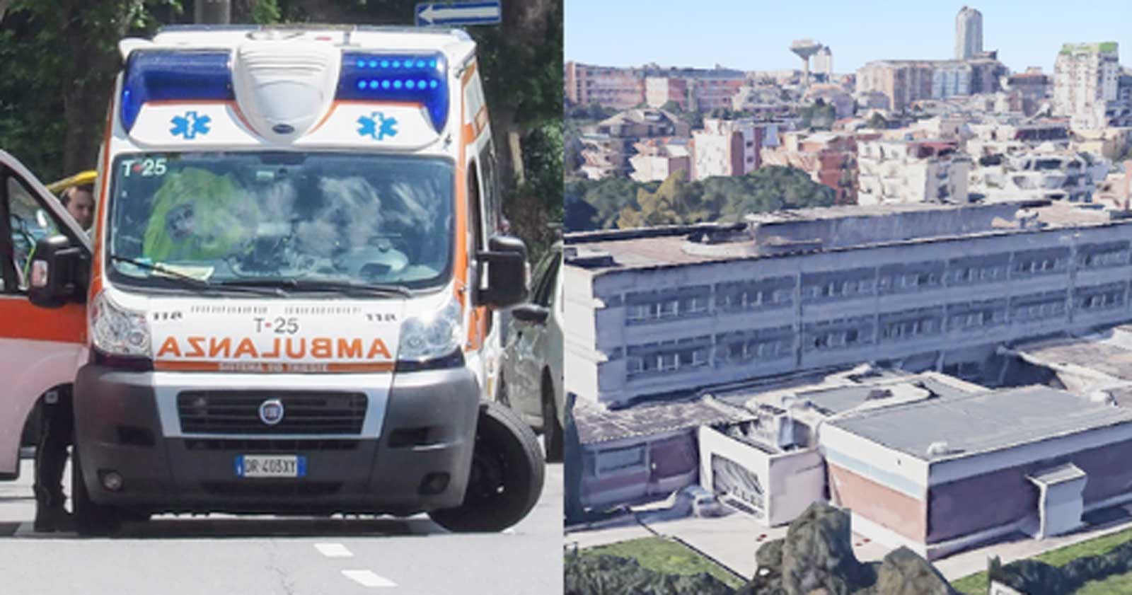 A sinistra l'autoambulanza intervenuta a scuola, a destra la scuola Volta