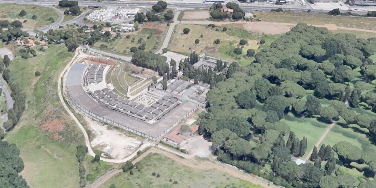 Il cimitero di Pomezia su via Cincinnati, foto Google Heart elaborata in 3D con Intelligenza Artificiale