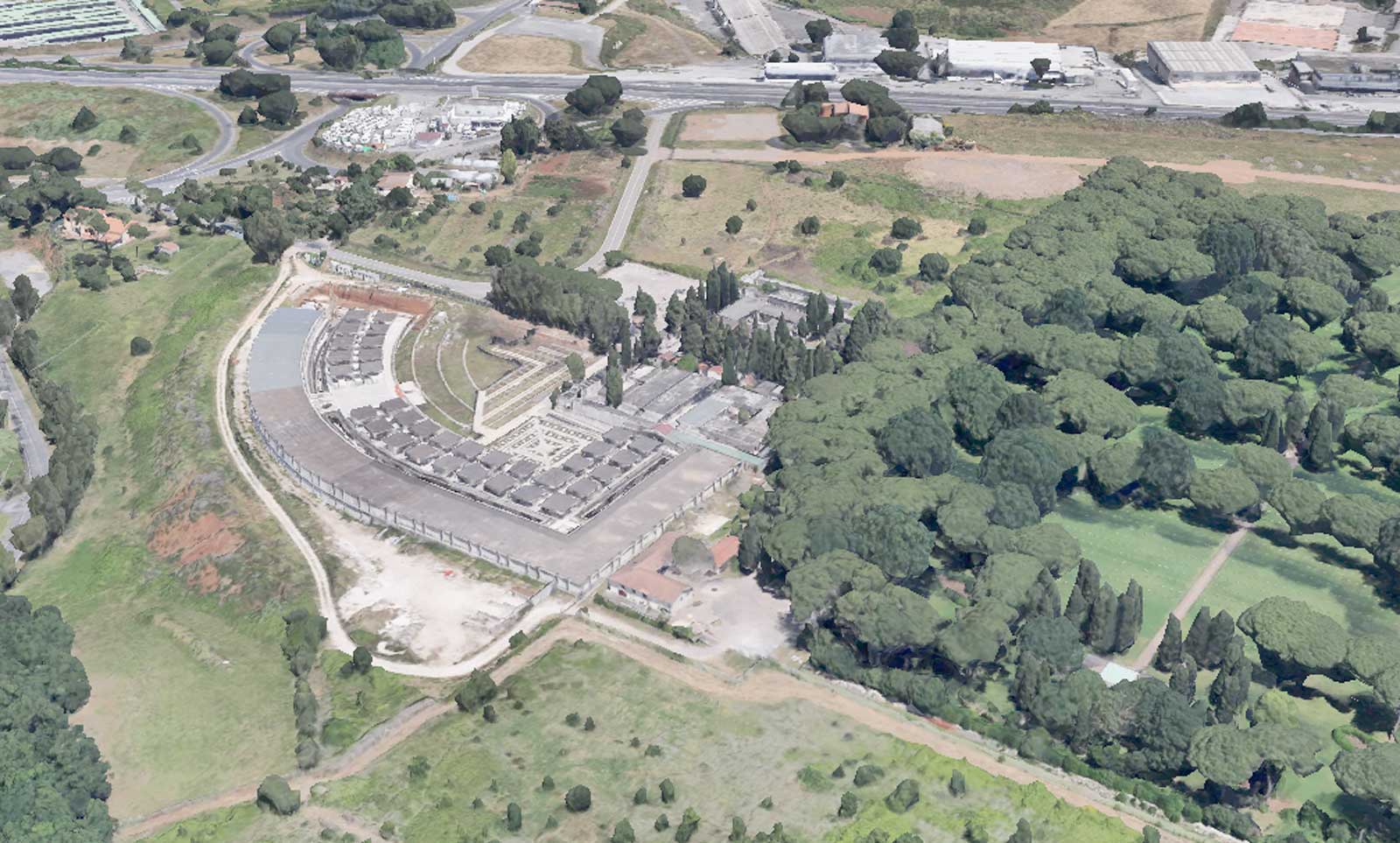 Il cimitero di Pomezia su via Cincinnati, foto Google Heart elaborata in 3D con Intelligenza Artificiale