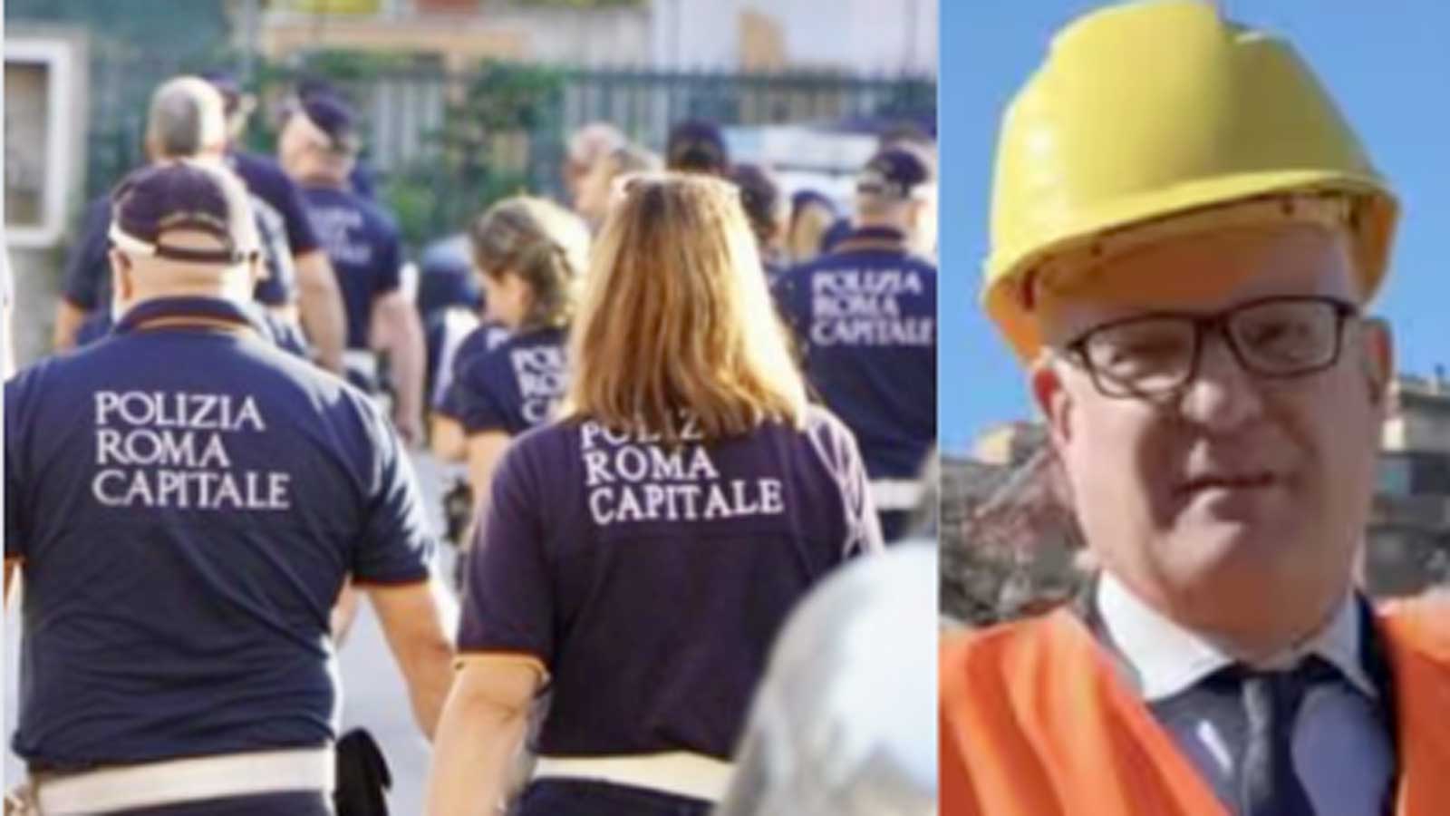 A sinistra, alcuni membri del Corpo della Polizia Locale di Roma, e il sindaco capitolino Roberto Gualtieri