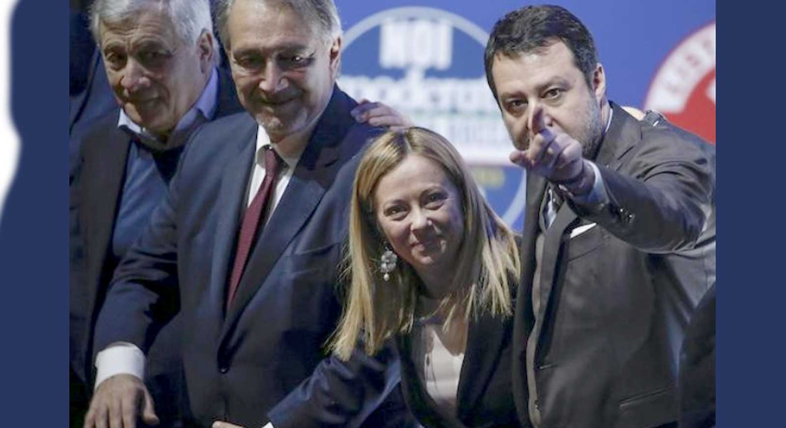 Da sinistra, il segretario nazionale di Forza Italia Tajani, il Govenratore Rocca, la premier Meloni e il leader della Lega Salvini