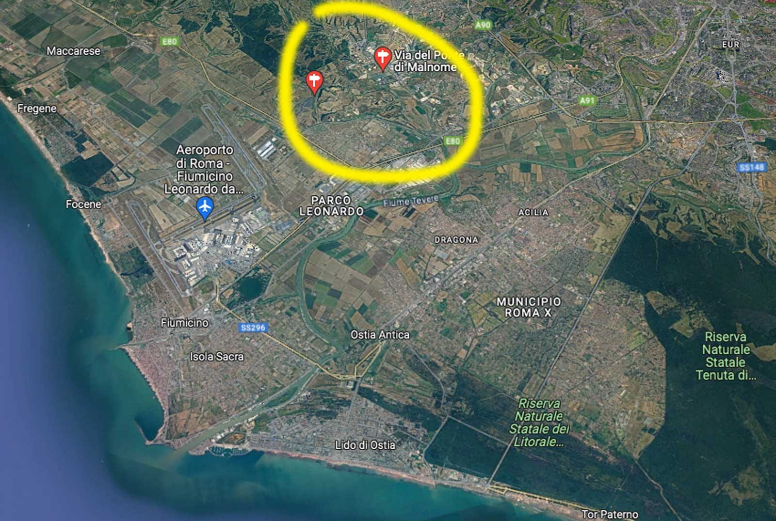 L'area di Roma, a ridosso di Fiumicino e non lontana da Ostia, su cui non potranno sorgere discariche e lottizzazioni, foto Google Heart elaborata in 3D con ausilio I.A.