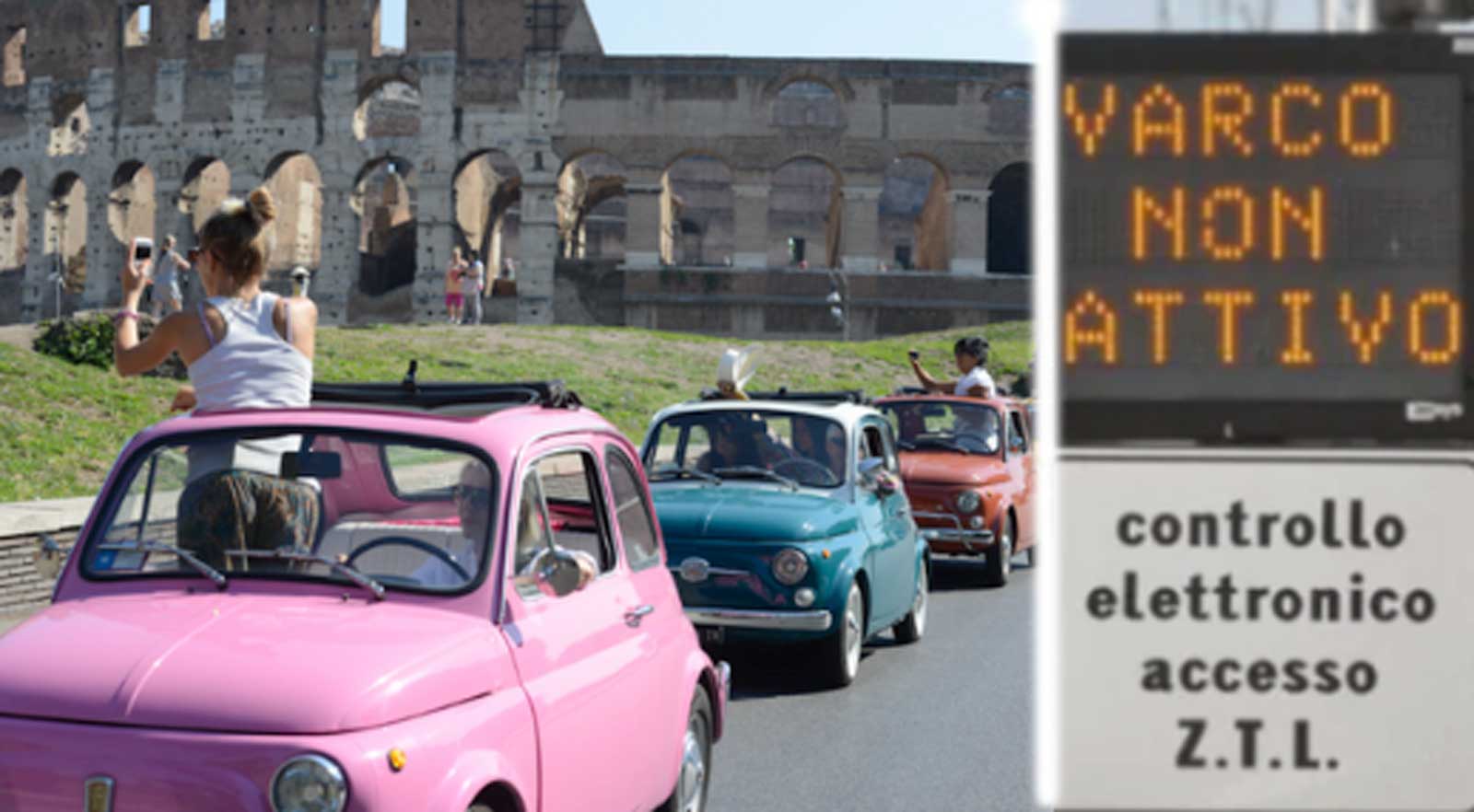 A sinistra fiat 500 in parata davanti al Colosseo di Roma, a destra un varco ZTL centro storico capitolino