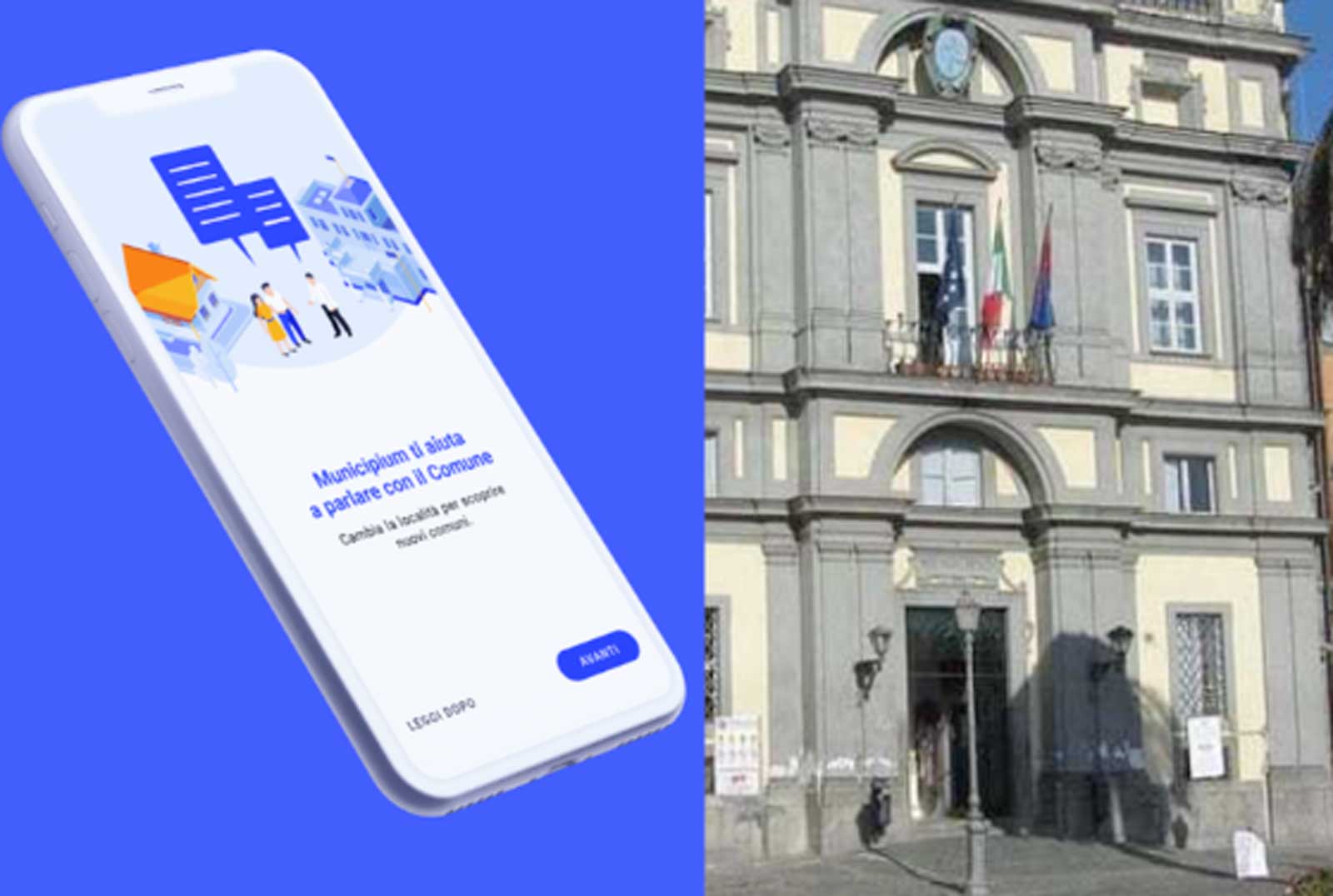 A nistra la nuova App vivi Bracciano, a destra la sede del Comune di Bracciano