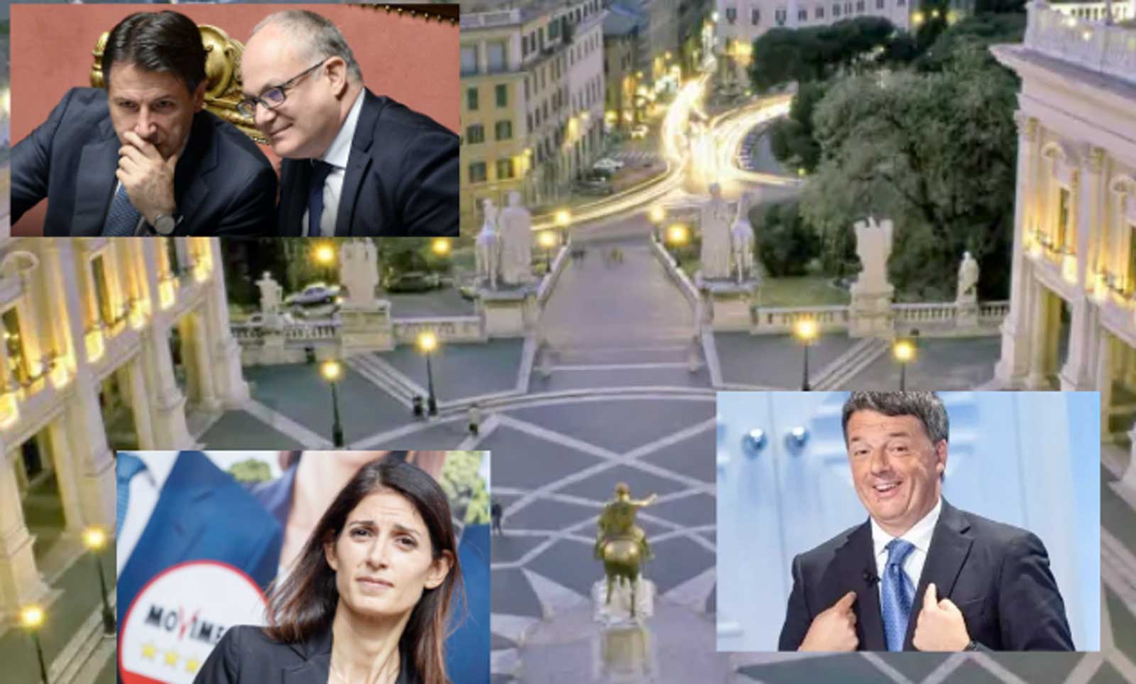 Sullo sfondo, il Campidoglio, a sinistra Gualtieri e Conte, in basso Virginia Raggi, a destra Matteo Renzi