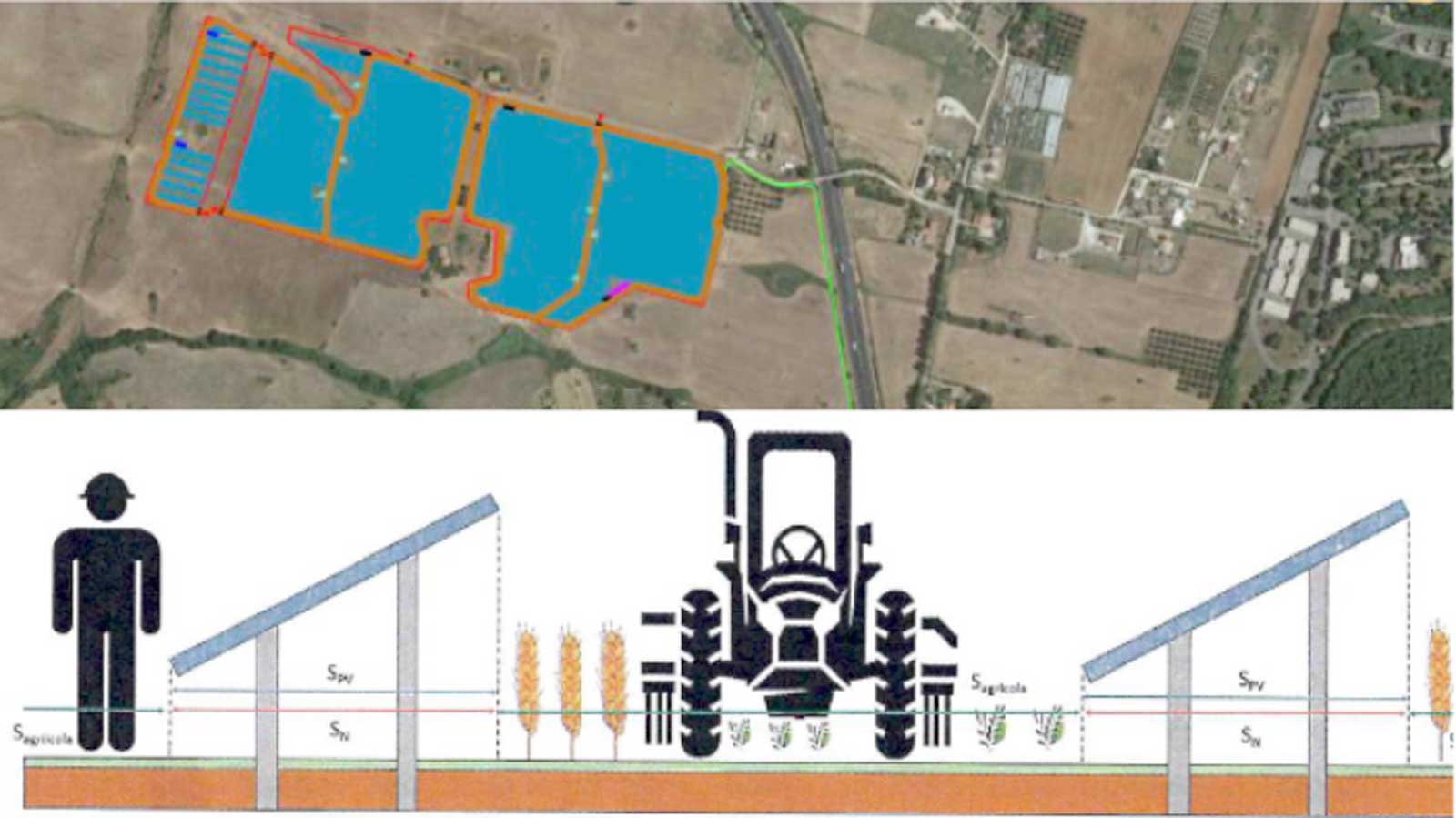 In alto, il nuovo agri-fotovoltaico di Civitavecchia, in basso la condivisione degli spazi per agricoltura e fotovoltaico, foto dal progetto