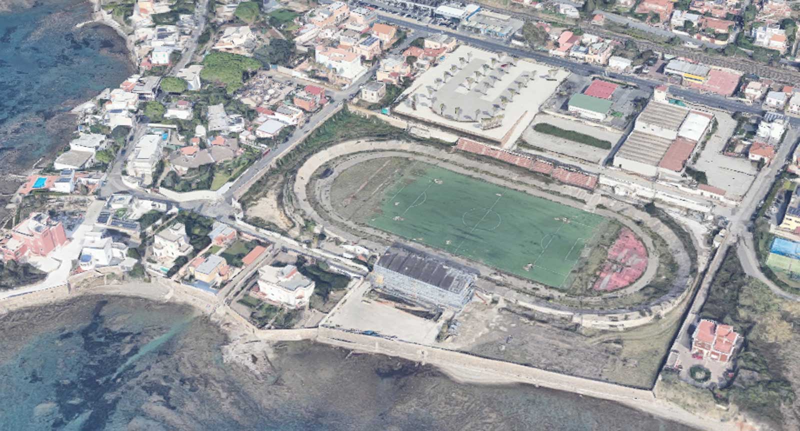 Civitavecchia, lo stadio Fattori, foto Google Heart elaborata in 3D con ausilio I.A.