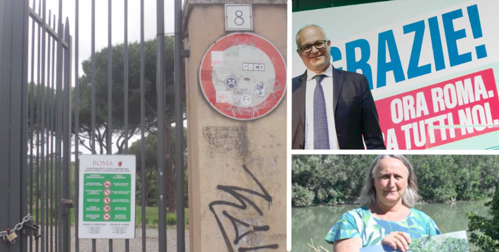 A sinistra, l'ingresso di villa Ada, a Roma, a destra il sindaco Roberto Gualtieri e il suo assessore, Sabrina Alfonsi