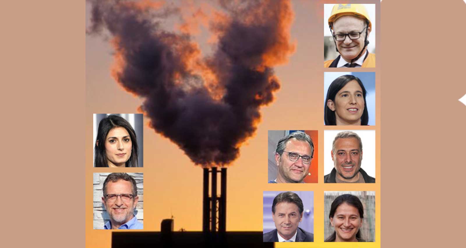 Sullo sfondo, un inceneritore, di lato da destra il sindaco di Roma Gulatieri, la segretaria del Pd Elly Schlein, il capo del M5S Conte, l'ex sindaca Raggi