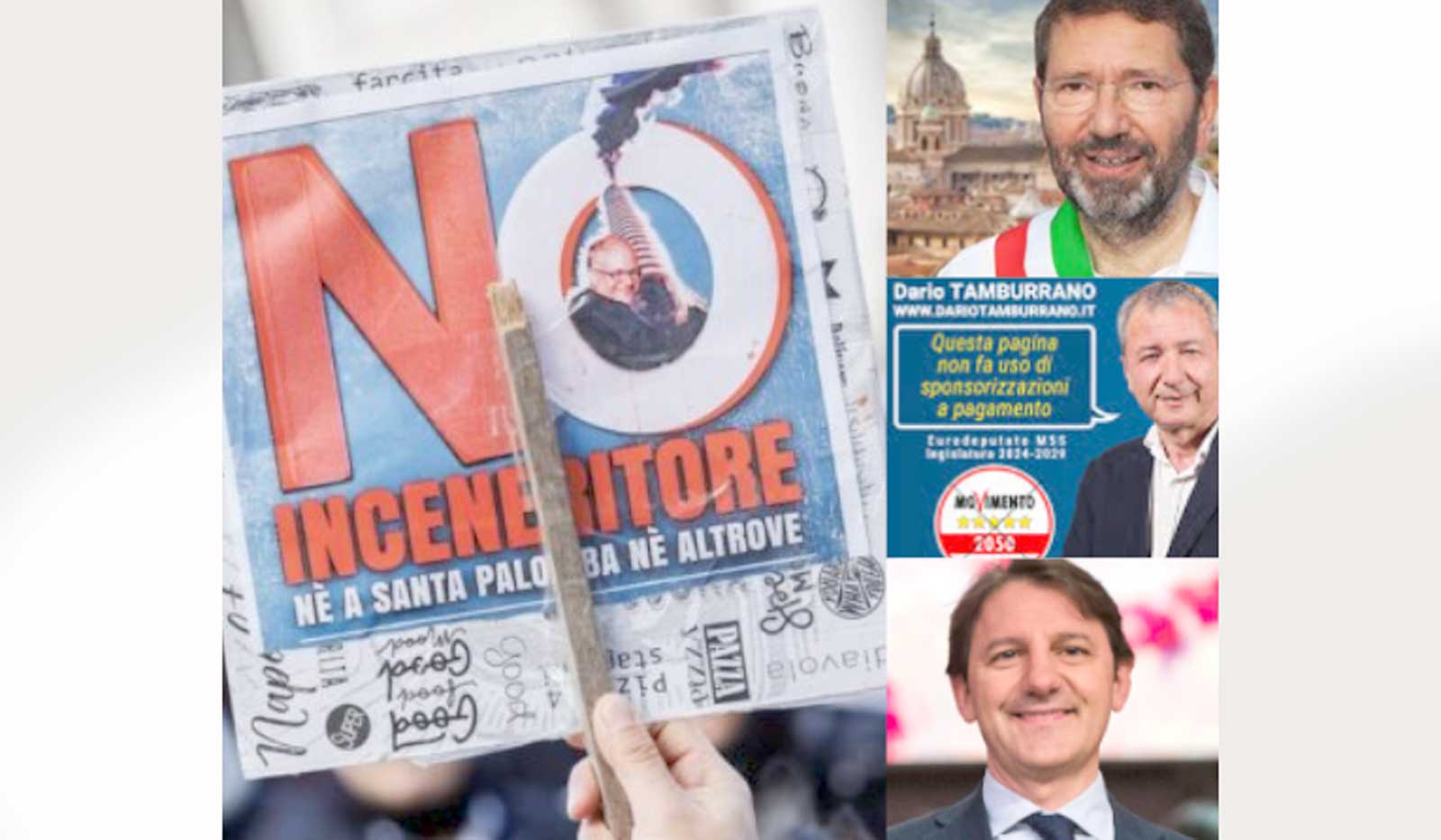 A sinistra, una locandina anti-inceneritore di Roma con l'immagine di Gualtieri, a destra Ignazio Marino, Dario Tamburrano e Pasquale Tridico