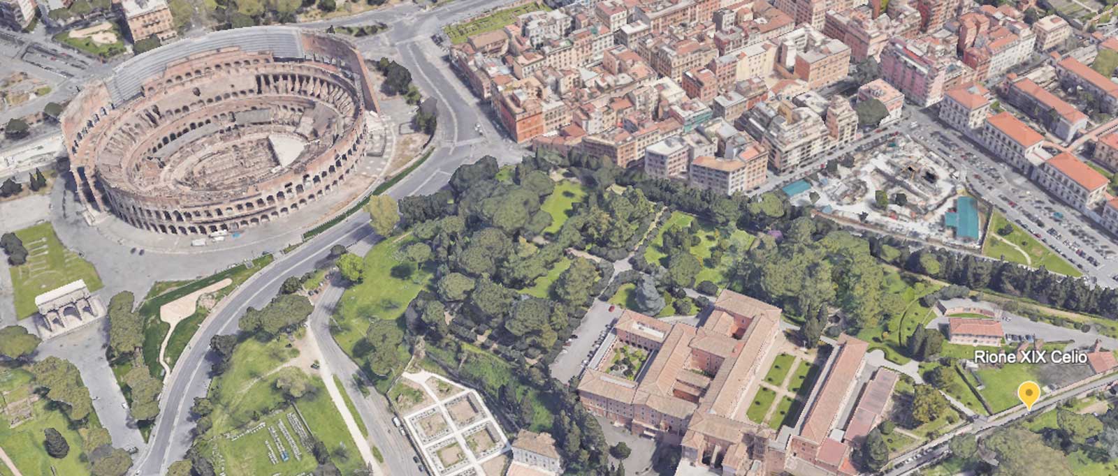 Il parco del Celio di Roma, con vista Colosseo, nel centro storico, foto dall'alto di Google Heart elaborata con I.A.