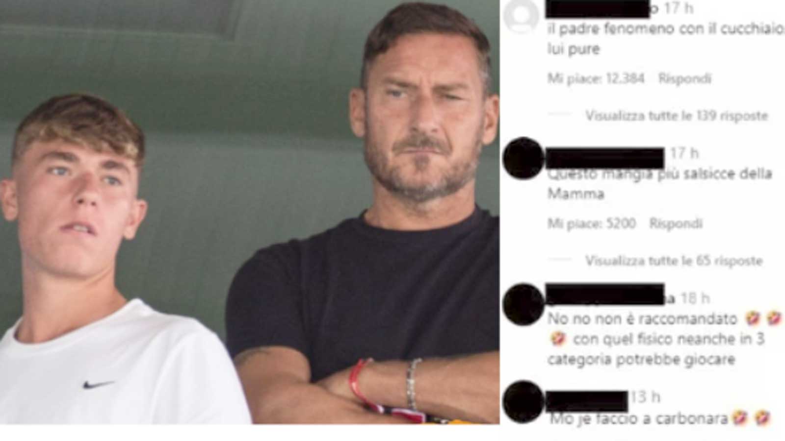 A sinistra Totti Junior e senior, a destra alcuni commenti offensivi