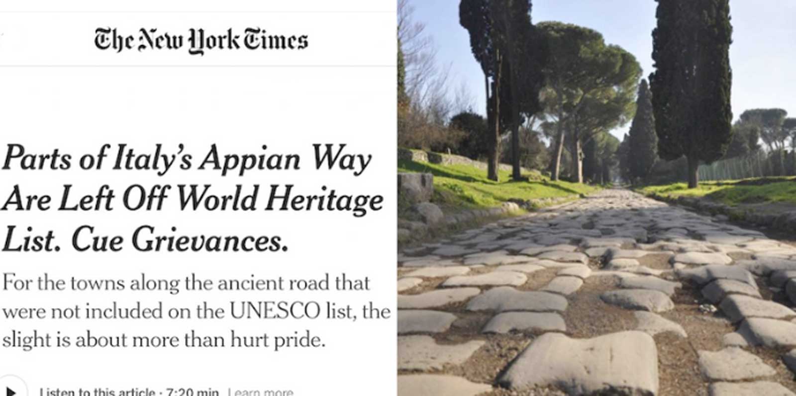 A sinistra, un recente articolo del New York Times, a destra un tratto di Appia Antica