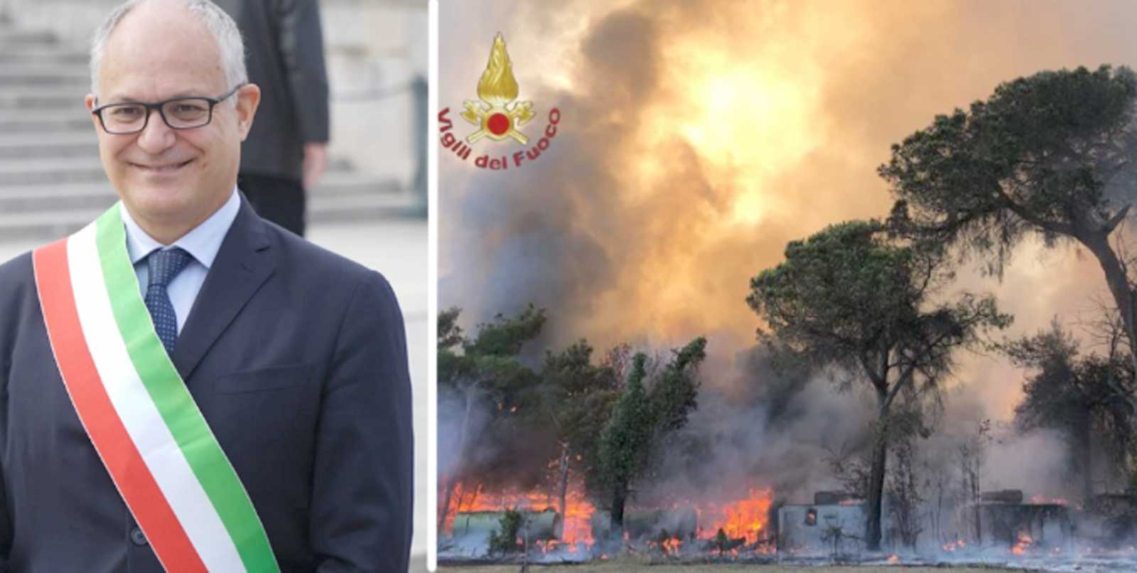 A sinistra, il sindaco di Roma, Roberto Gualtieri, a destra, un incendio della scorsa estate nella pineta di Castel Fusano, tra Ostia e Capocotta