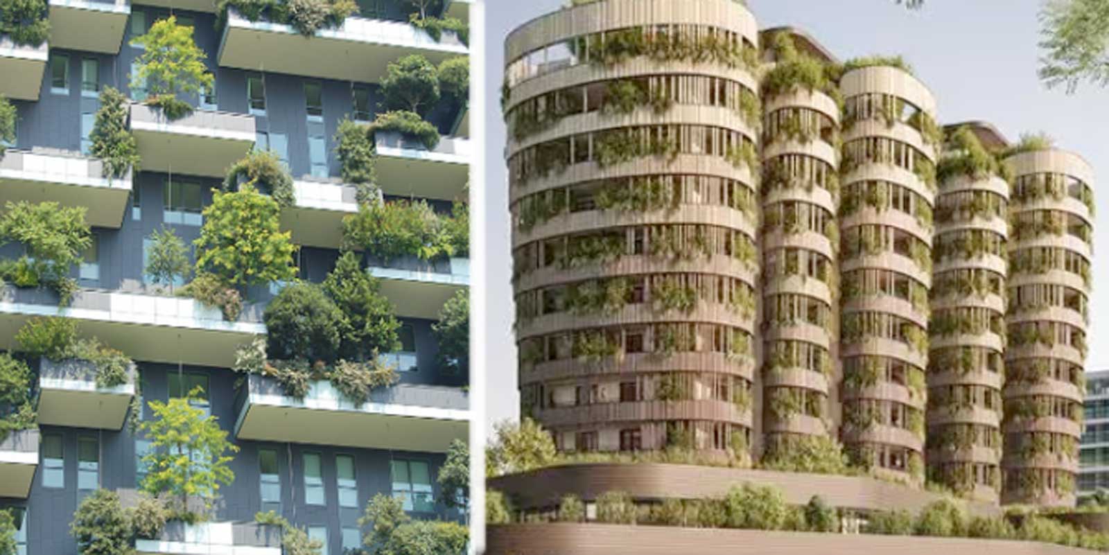 A sinistra, il Bosco Verticale di Milano, a destra il rendering della Foresta Abitata di Roma, che sorgerà a Tor Marancia