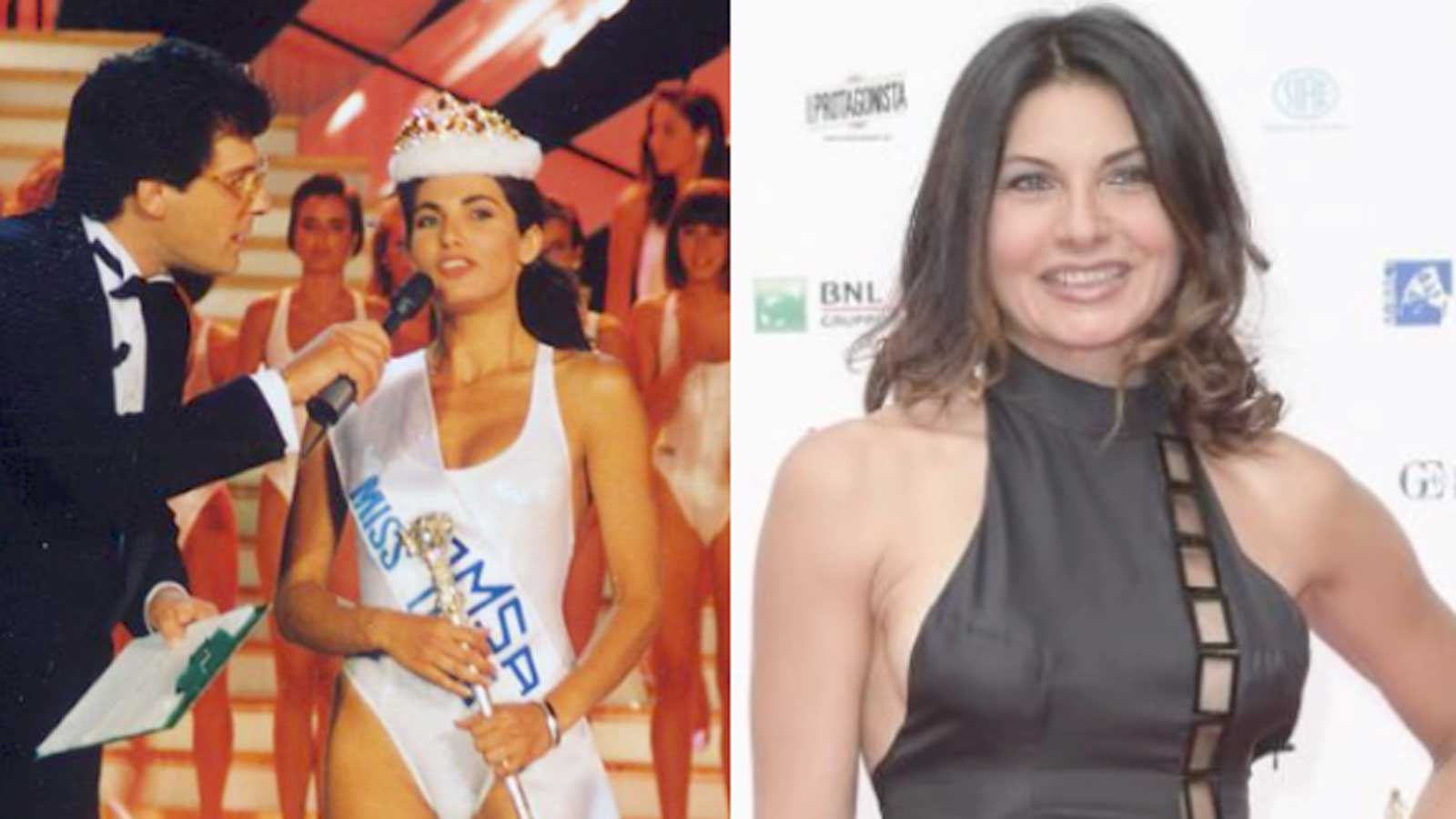 A sinistra, Nadia bengala con Fabrizio Frizzi, quanto fu eletta miss Italia, a destra, di recete