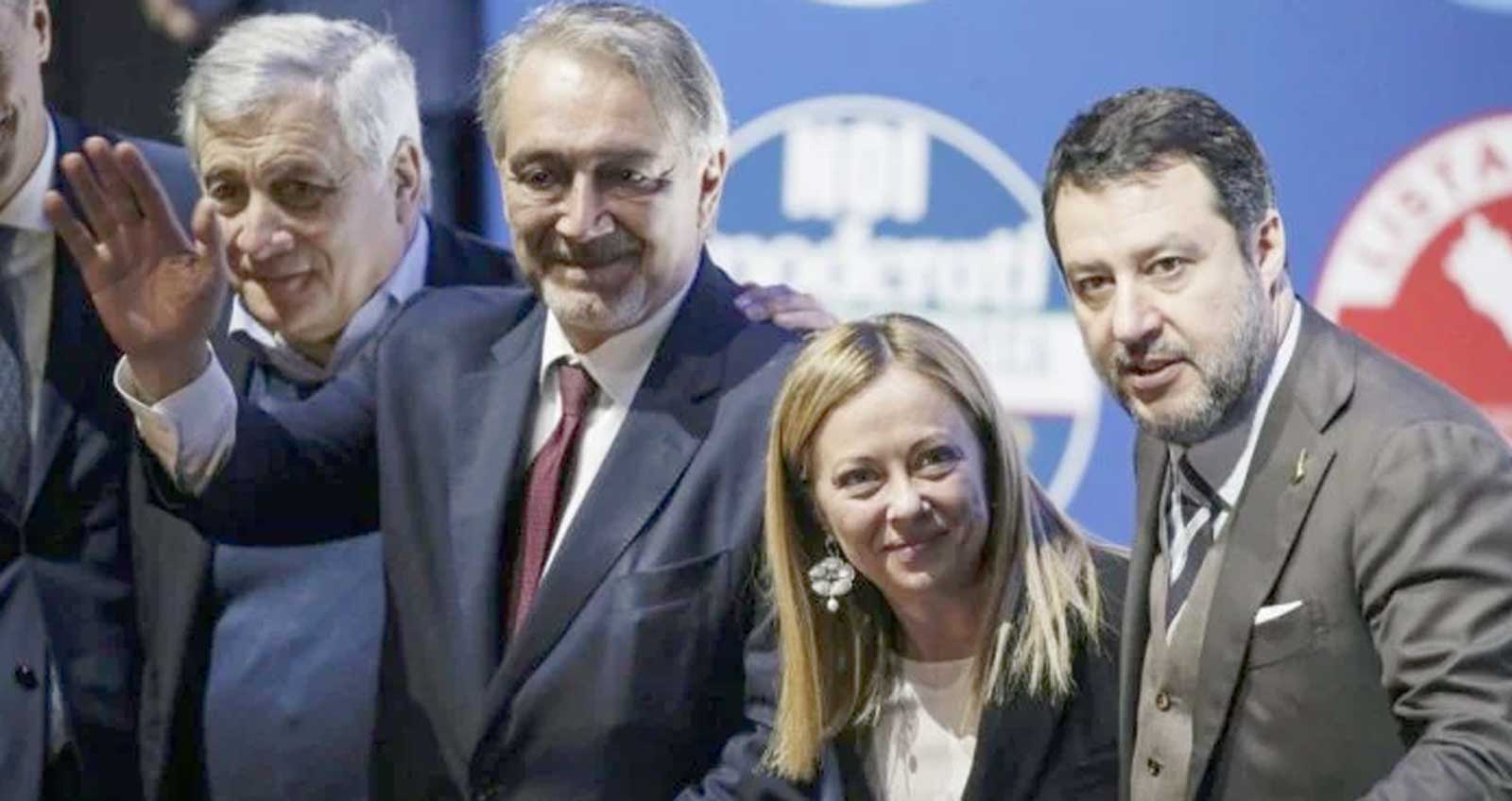 Da sinistra, Tajani, Rocca, Meloni e Salvini in Regione Lazio