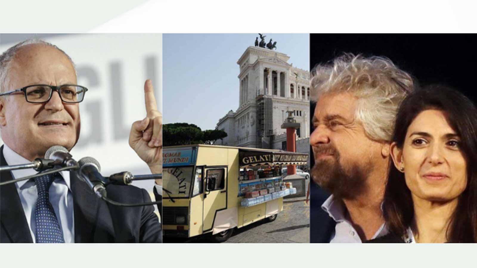 A siniostra Roberto Giualtieri, sindaco di Roma, al centro una bancarella della famiglia dei Tredicine, davanti piazza Venezia, a destra la sindaca Raggi con dietro il suo 'capo' politico, Beppe Grillo