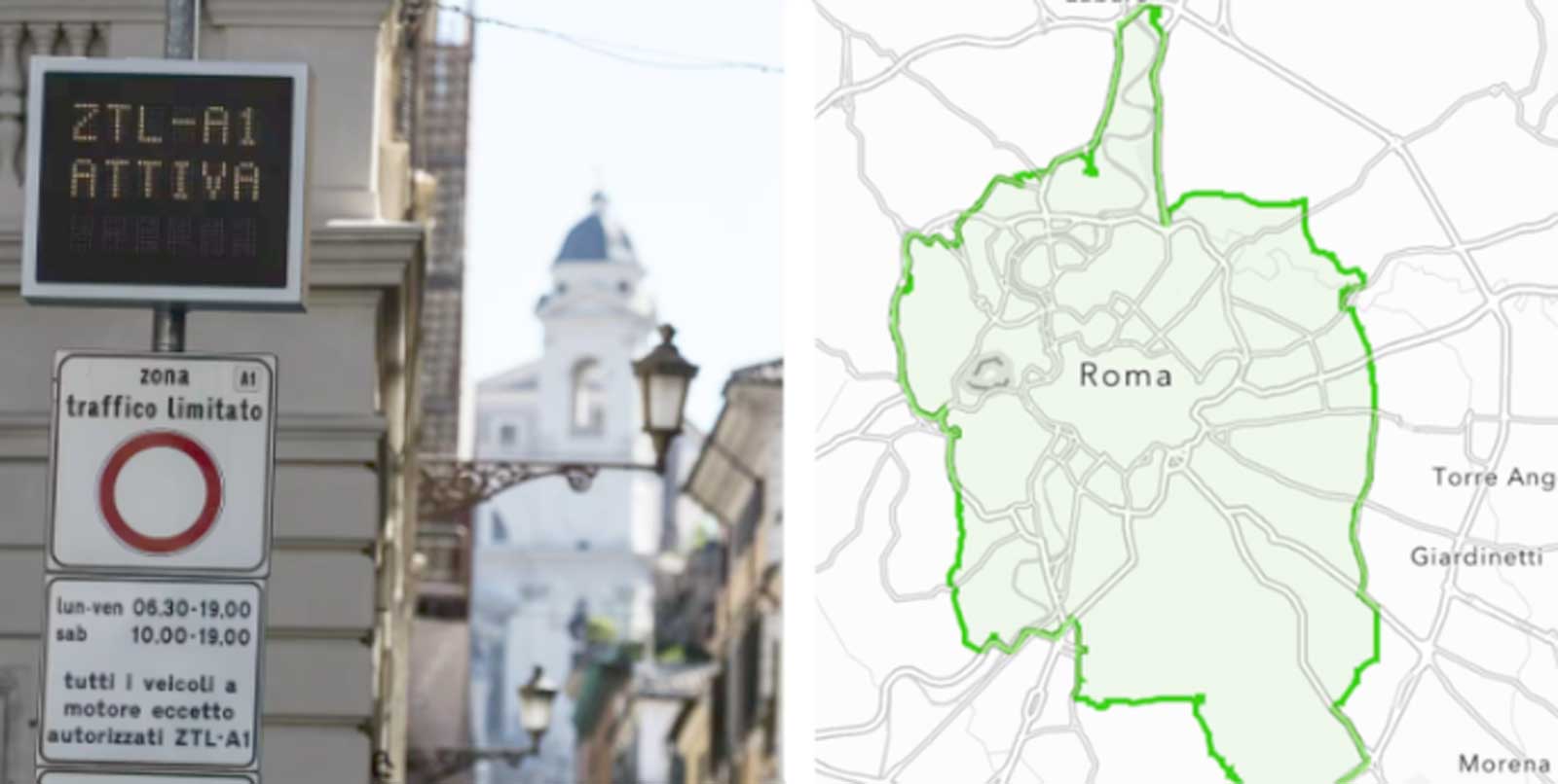 A sinistra, un punto di accesso alla Fascia Verde di Roma, a destra la mappa della Fascia Verde capitolina