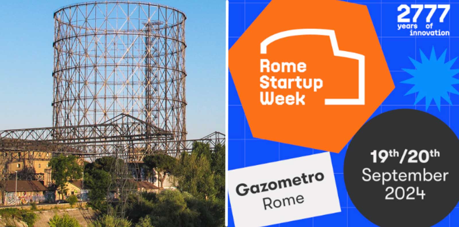 A sinistra, il Gazometro di Roma, a destra la locandina dell'iniziativa