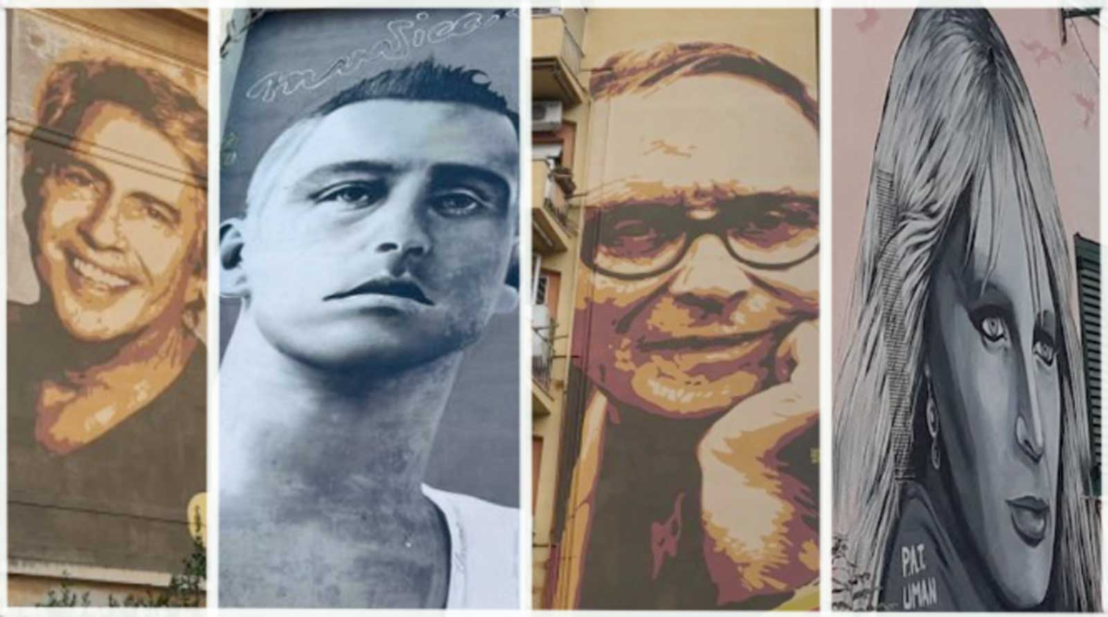 Da sinistra, Lando Fiorini, Eros Ramazzotti, Ennio Morricone e Gabriella ferri nei murales di Roma