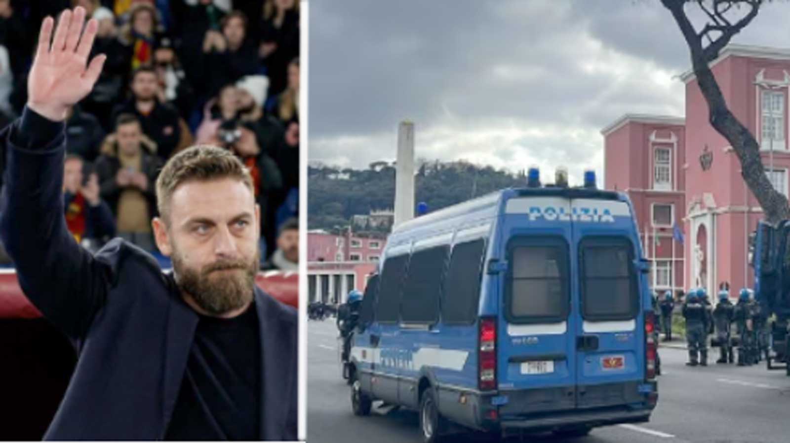 A sinistra, Daniele De Rossi, a destra, lo stadio olimpico di Roma blindato