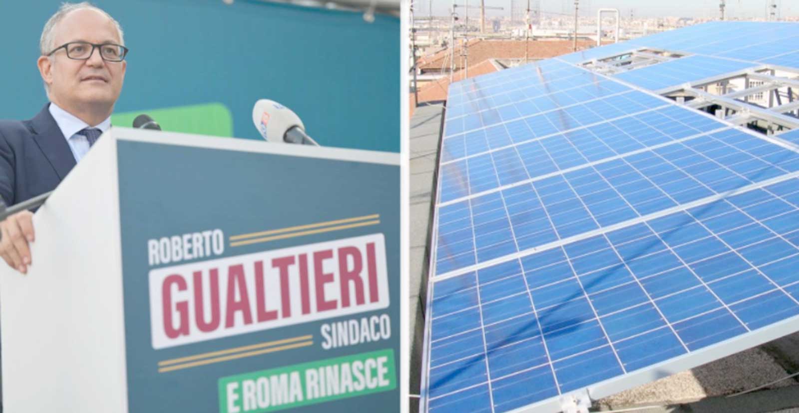 A sinistra, il sindaco di Roma Roberto Gualtieri durante la campagna elettorale del 2021, a destra un impianto fotovoltaico sui tetti di un edificio pubblico