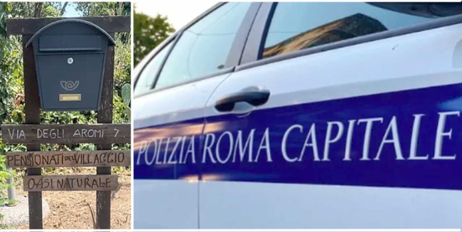 A sinistra, l'ingresso di via degli Aromi, a Roma - Pietralata, a destra, un auto della Polizia Locale capitolina