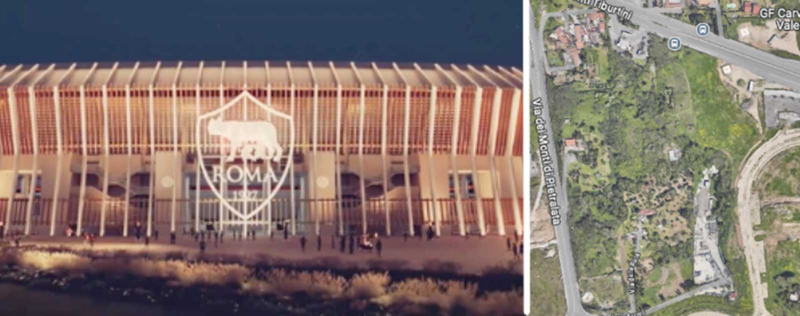 A sinistra, il nuovo stadio della as Roma a Pietralata, a destra la mappa della zona