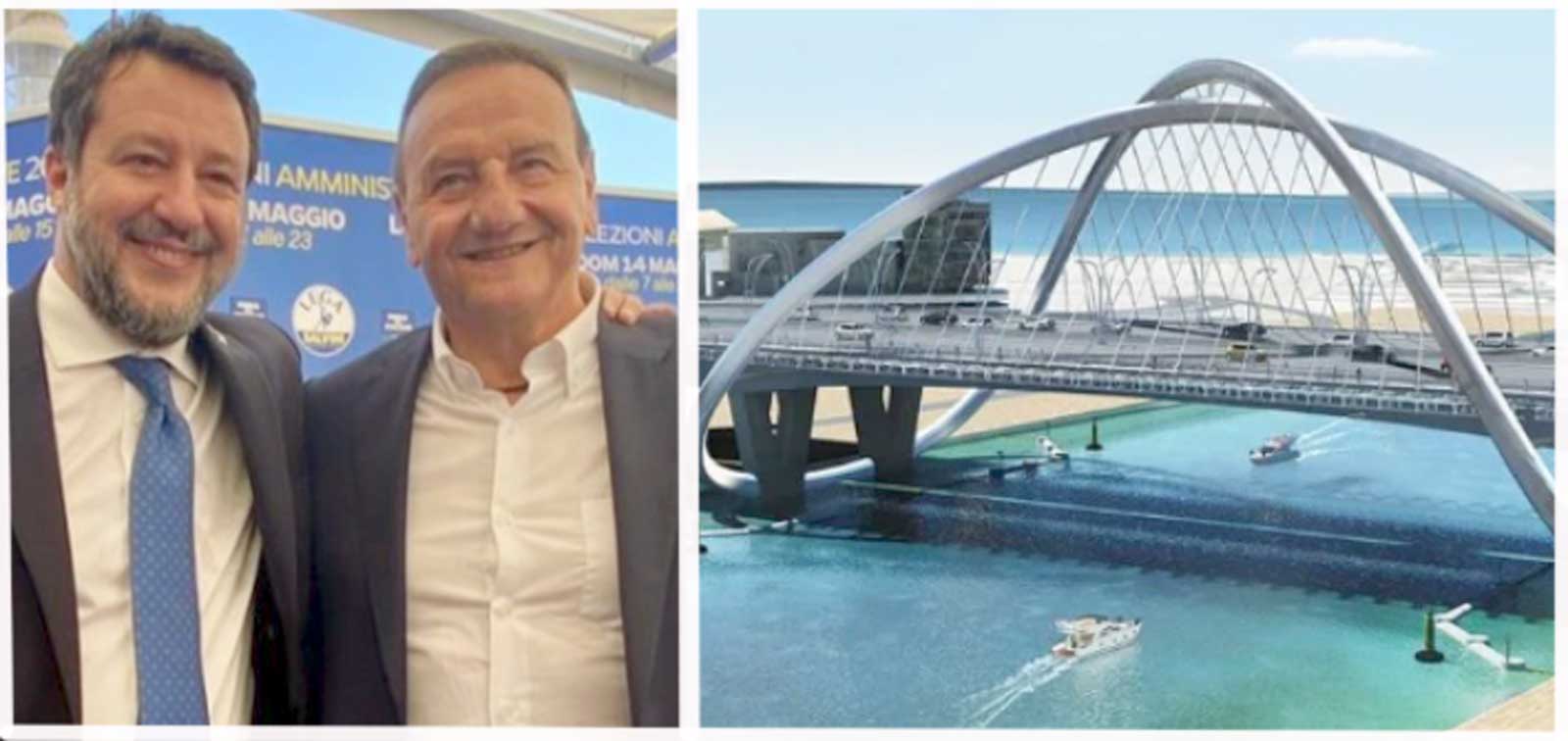 Fiumicino, a sinistra, il Ministro Salvini e il sindaco Baccini in occasione dell'avvio dei lavori per il porto, a destra, il progetto del nuovo maxi ponte direzione Ostia - Fiera di Roma