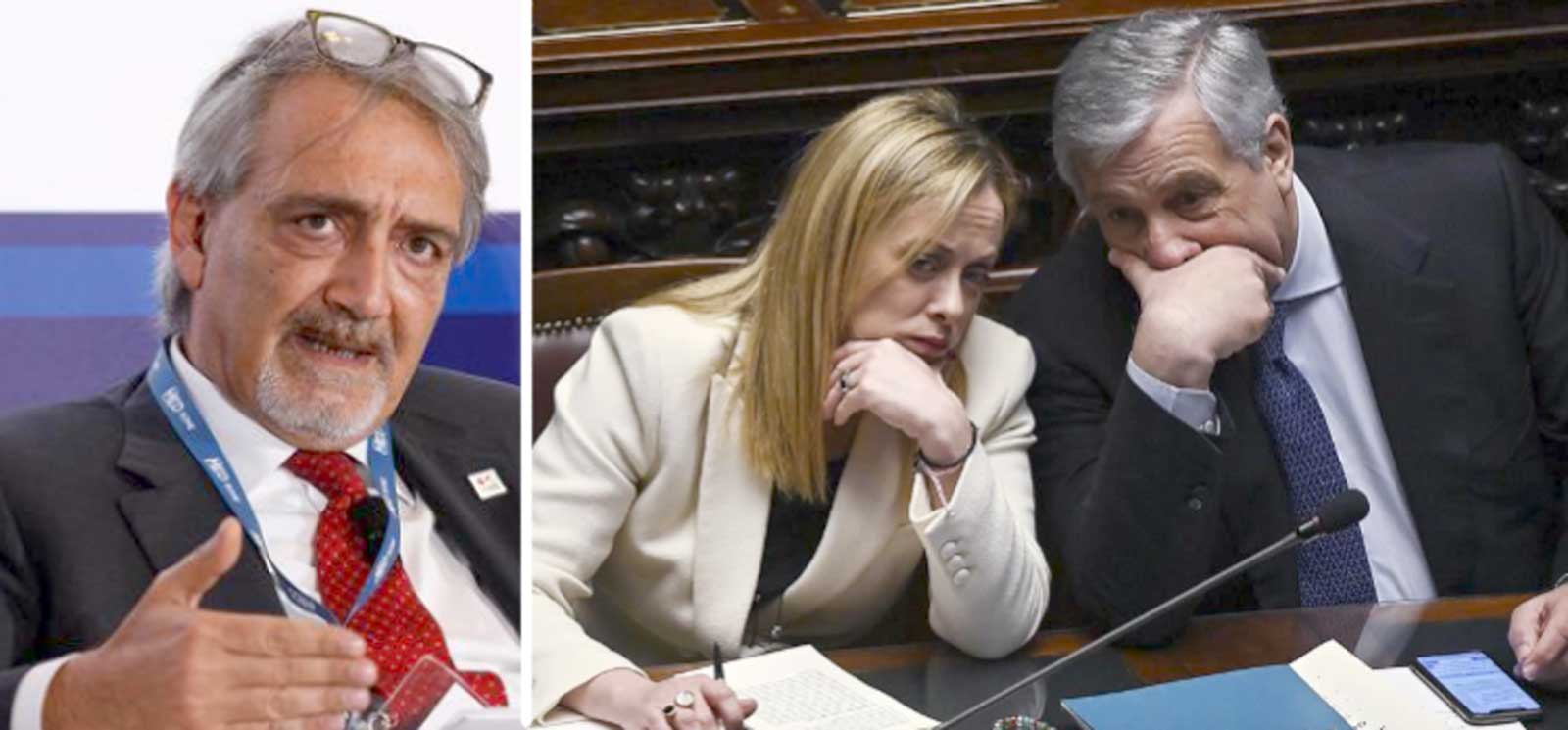 A sinistra Rocca, governatore del Lazio, a destra Meloni e Tajani