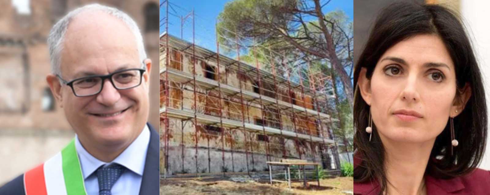 Da sinistra, il sindaco di Roma Roberto Gualtieri, il casale della Finanzniera dentro villa Ada e l'ex sindaca Virginia Raggi