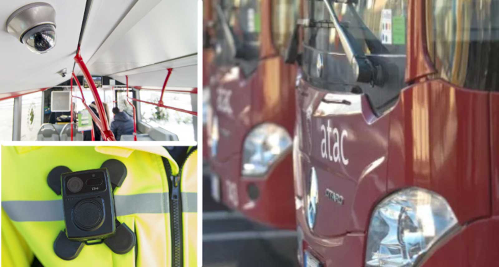 A destra, un classico bus Atac di Roma, a sinistra bodycam per gli autisti e videocamere dentro e fuori i bus