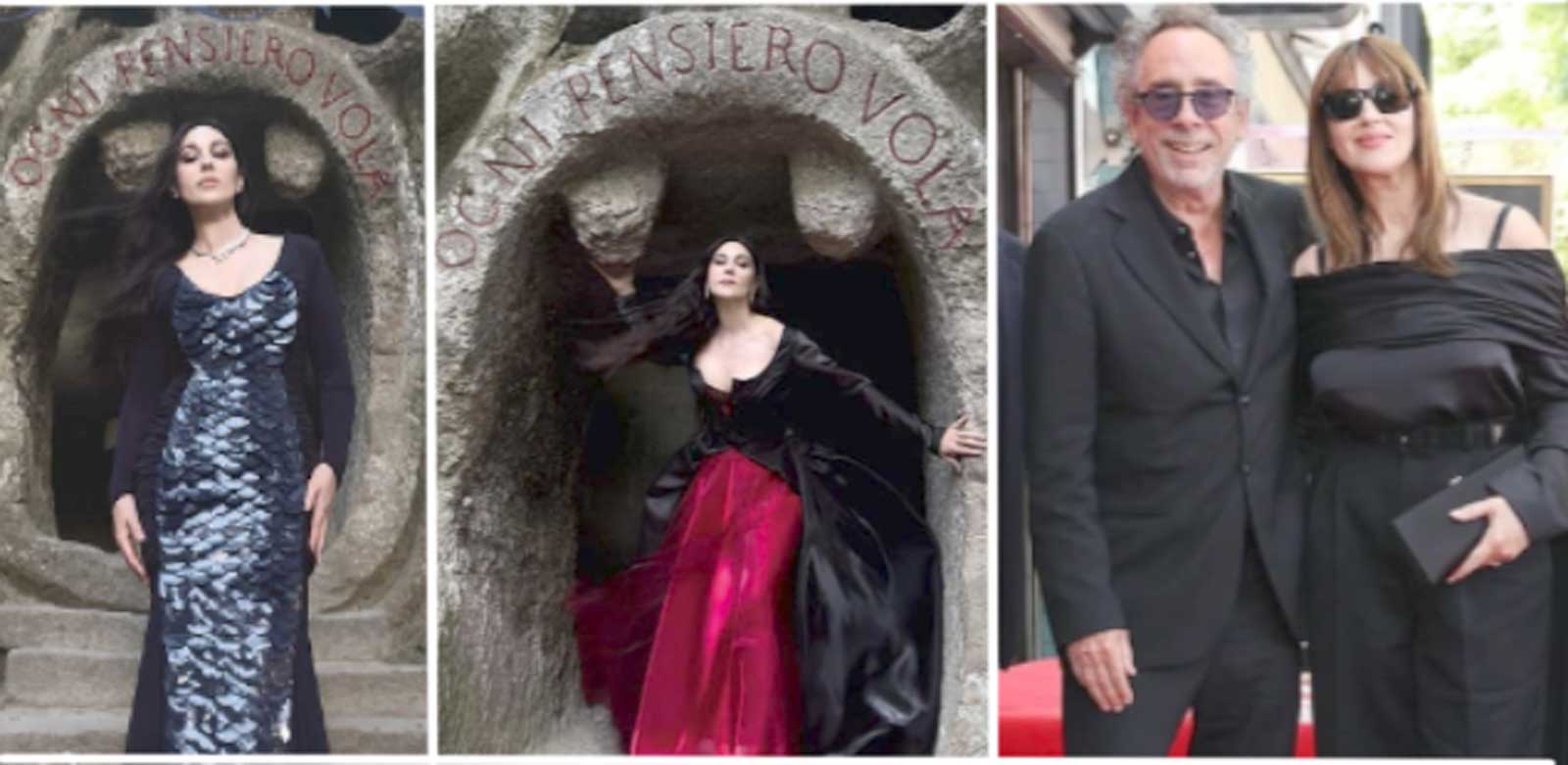 Da sinistra, due scatti di Monica Bellucci a Bomarzo, nel parco dei mostri, a destra in coppia con il marito Tim Burton