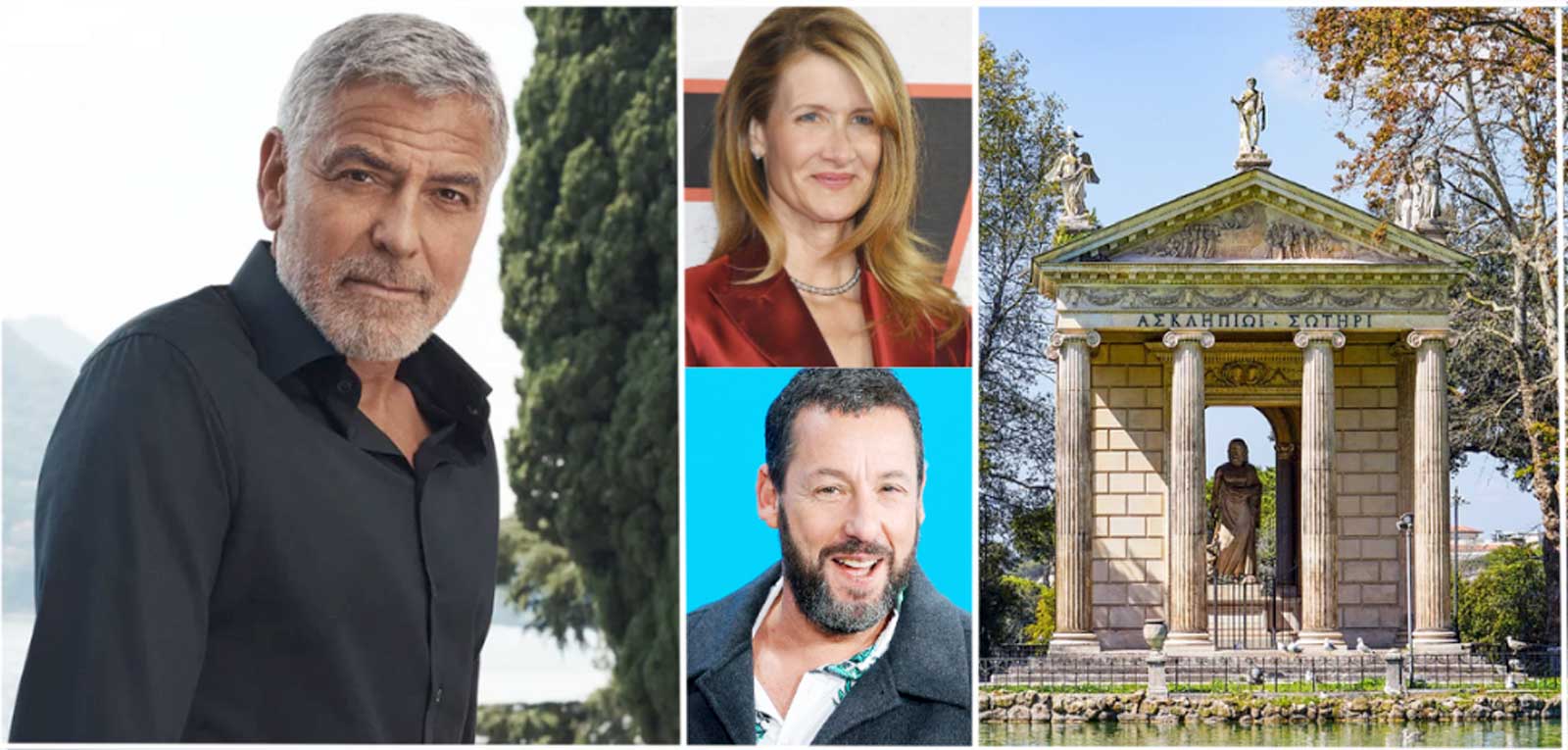 Da sinistra, George Clooney a Roma, a destra gli attori Dern e Sandler e infine il tempio di Esculapio di villa Borghese