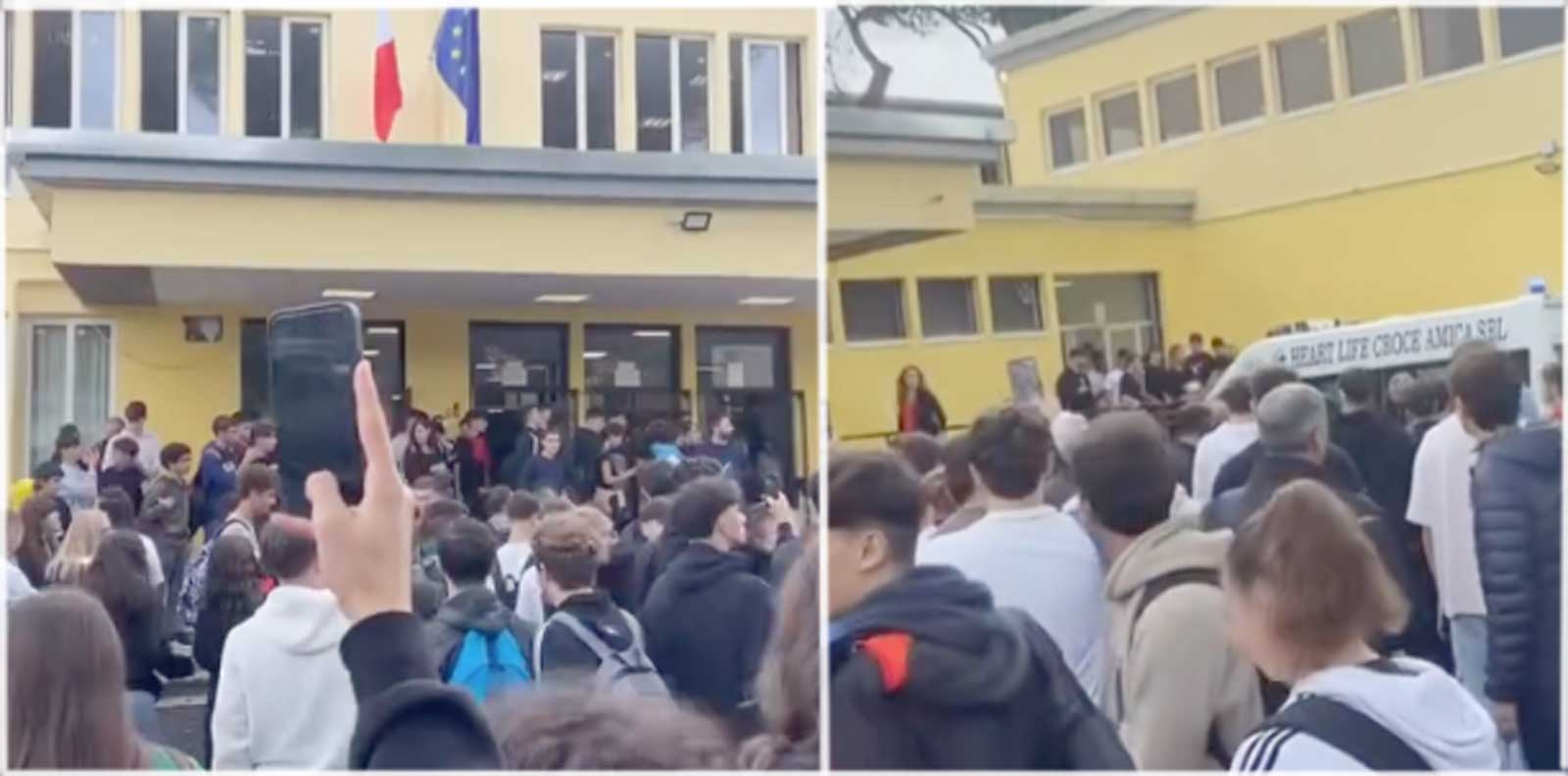 Monterotondo, due frame degli studenti fuori dalla scuola