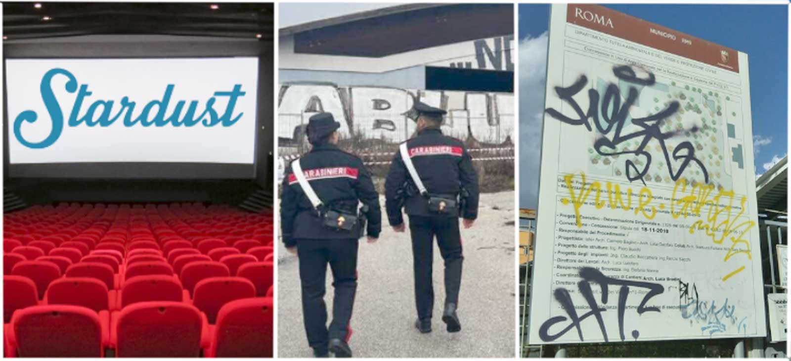 Da sinistra, una sala dell'ex cinema Stardust Village, i carabinieri all'ex Città del Rugby di Roma e infine il cartello di Cantiere a Roma, in via Genzano