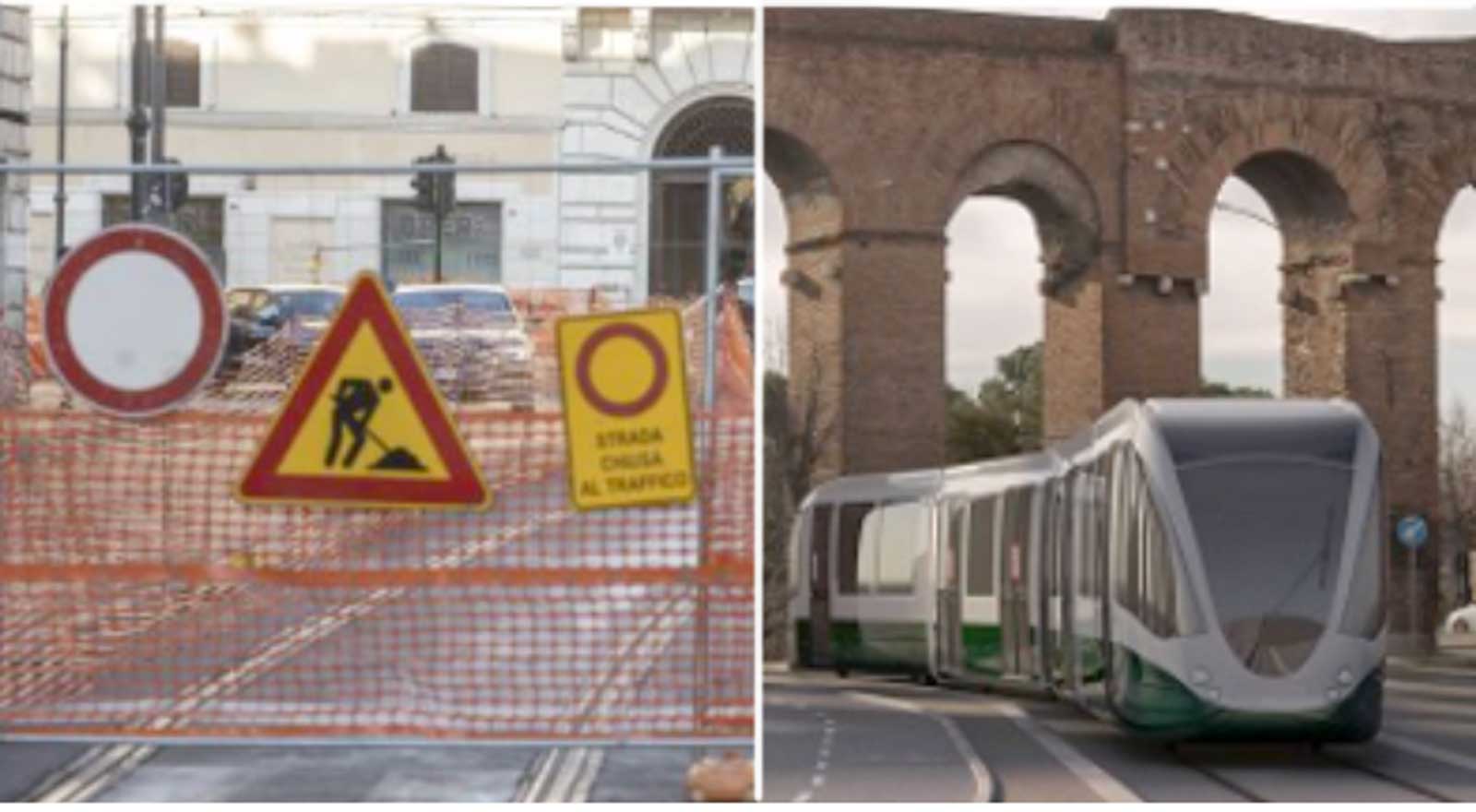 A sinistra, un cantiere che blocca il centro di Roma, a destra, il rendering di un nuovo tram in zona Palmiro Togliatti