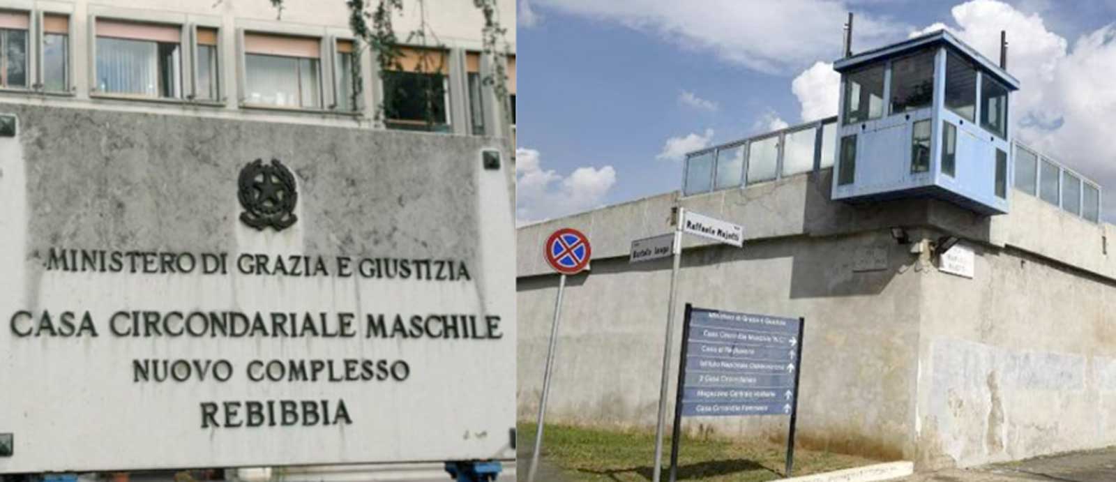 Roma, a sinistra l'insegna del carcere di Rebbibia, a destra, la struttura carceraria