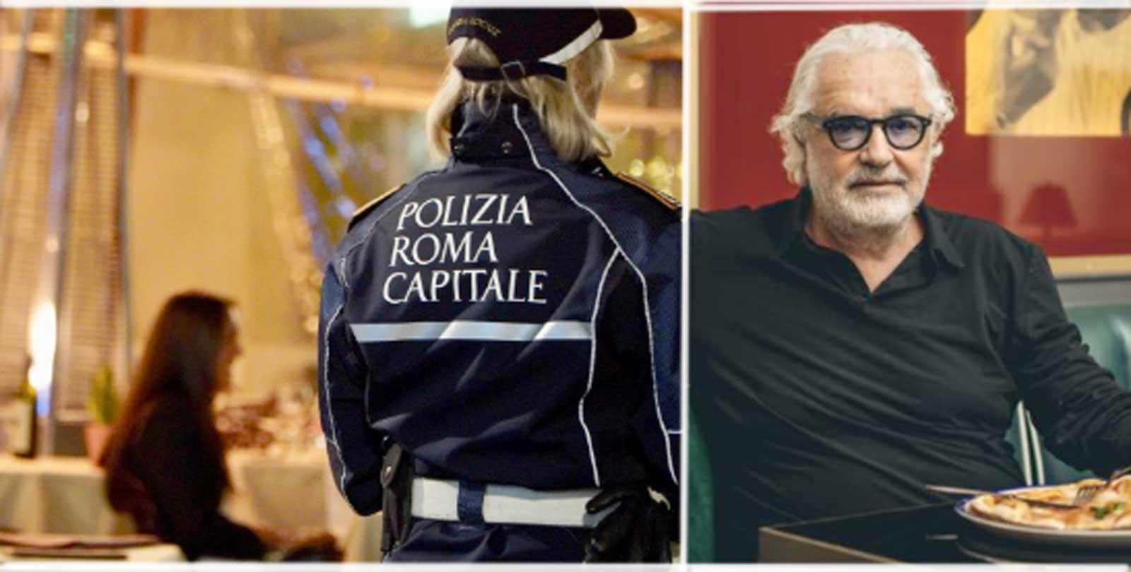 A sinistra, Polizia Locale di Roma a Campo de' Fiori, a destra l'imprenditore Flavio Briatore