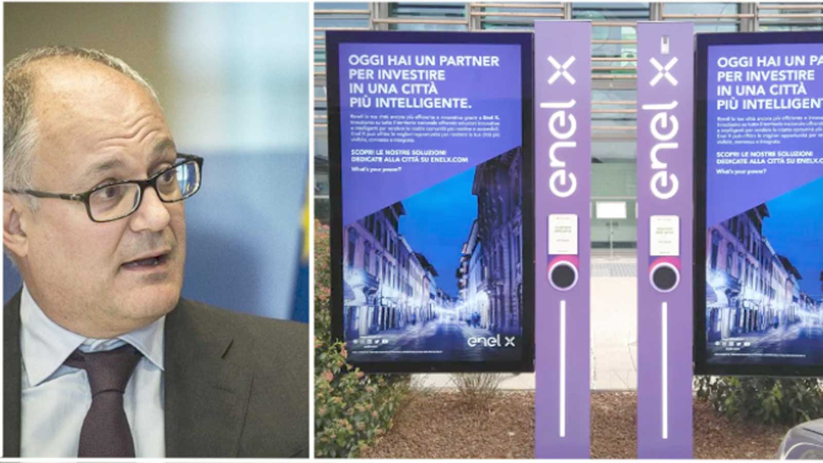 A sinistra, il sindaco di Roma Roberto Gualtieri, a destra una pubblicità a ledwall di Enel